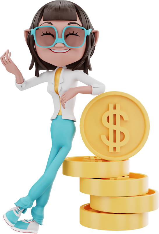 3D Woman Leaning on Dollar Coins
